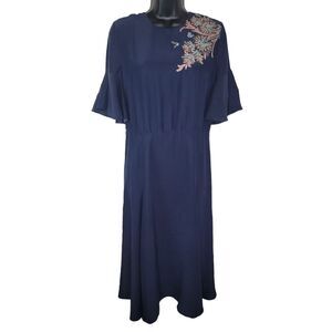 Megan Park Navy Silk embroidered shoulder retro dress size 1 (Small)